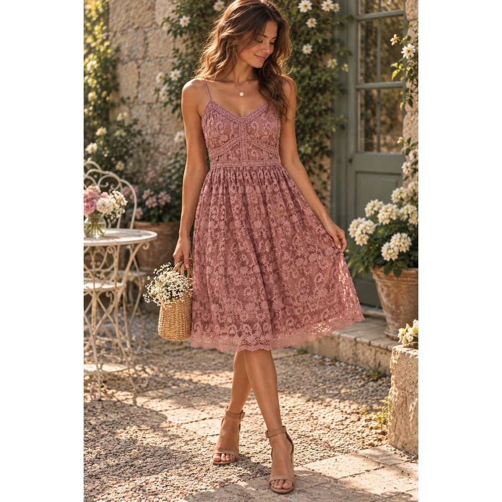 Altar'd State Dusty Rose Pink Lace Crochet Trim Midi Dress Womens Sz M